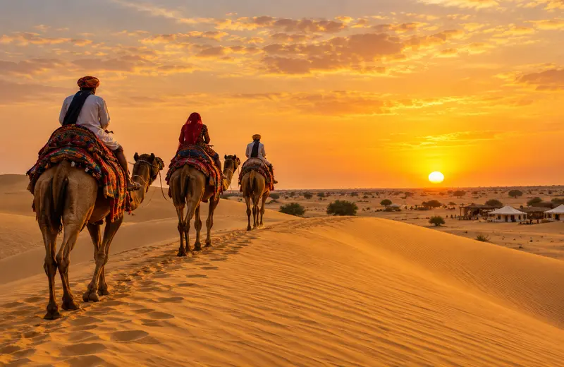 Camel safari crossing the golden dunes at Sam, near Jaisalmer