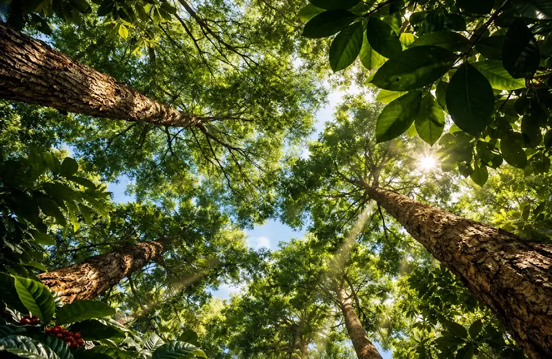 Rows of coffee plants shaded by silver oak trees in a Coorg coffee estate, Karnataka