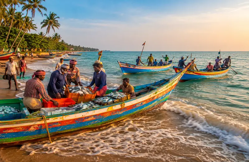 Colourful wooden fishing boats returning to Marari Beach with the day's catch in Kerala