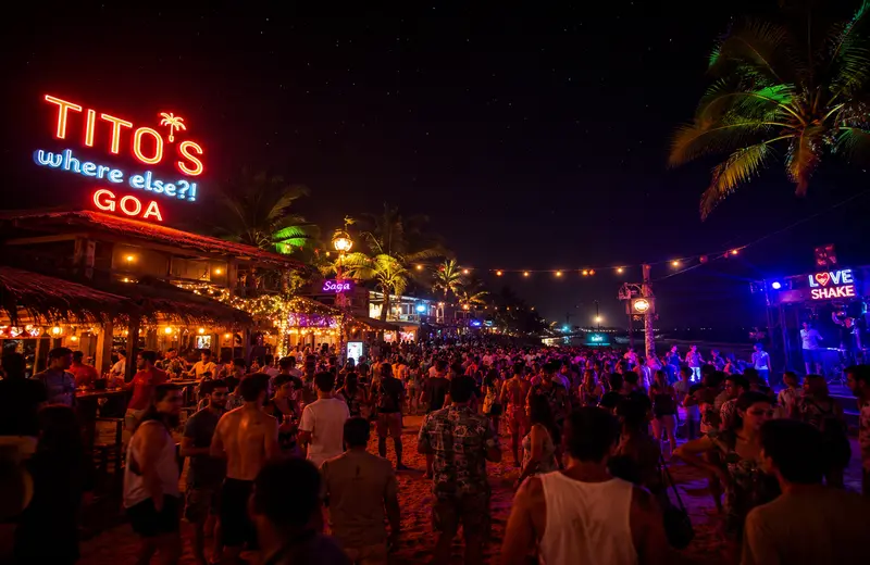 Crowded Goa beach club street at night with neon lights, palm trees, open-air bars, and people danci