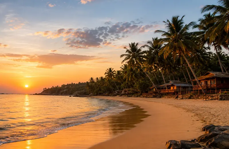 Quiet palm-fringed South Goa beach with wooden huts at sunset showing the calm side of the North Goa vs South Goa comparison