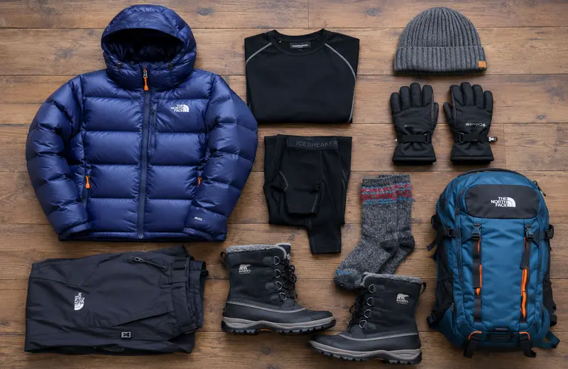 Gulmarg packing list winter essentials laid out: down jacket, thermals and snow boots