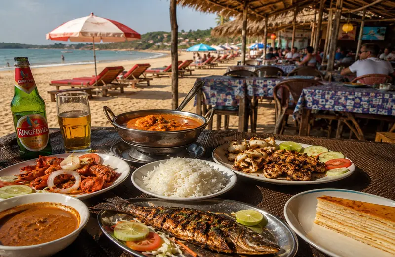 Goan seafood feast at a beachfront shack on Candolim Beach.