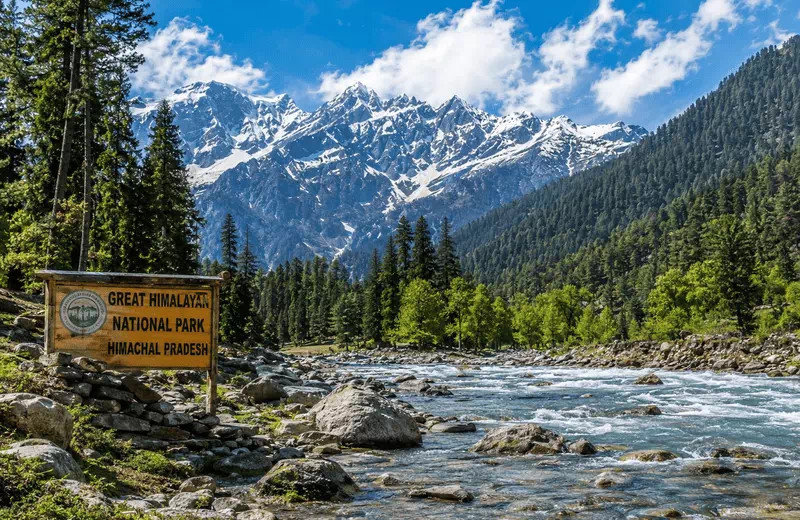 Beautiful Himalayan national park with snow-capped mountains, pine forests, and a clear river in Himachal Pradesh.