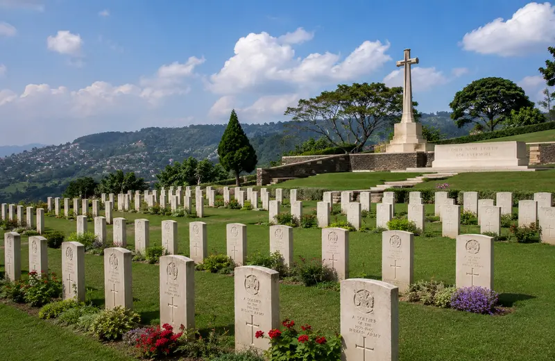 White gravestones on Garrison Hill at Kohima War Cemetery, Nagaland