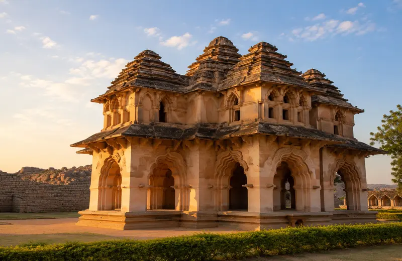 Lotus Mahal's arched Indo-Islamic architecture in Hampi's Royal Centre