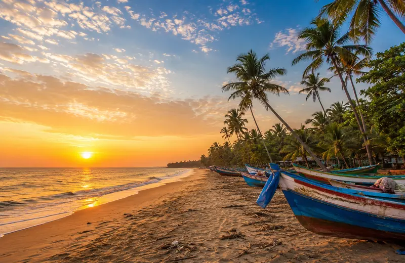 Marari Beach Kerala at sunrise with fishing boats and coconut palms along the Arabian Sea