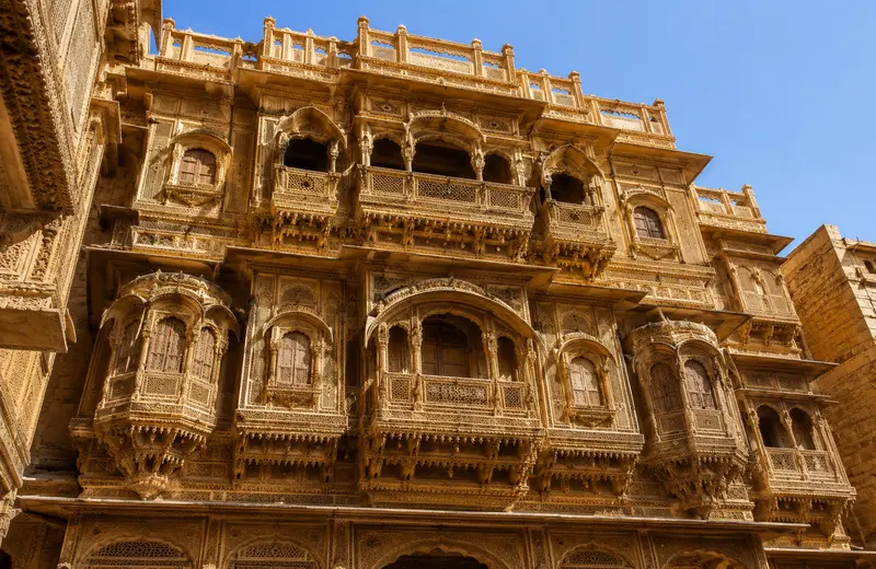 Intricately carved sandstone facade of Patwon Ki Haveli, Jaisalmer