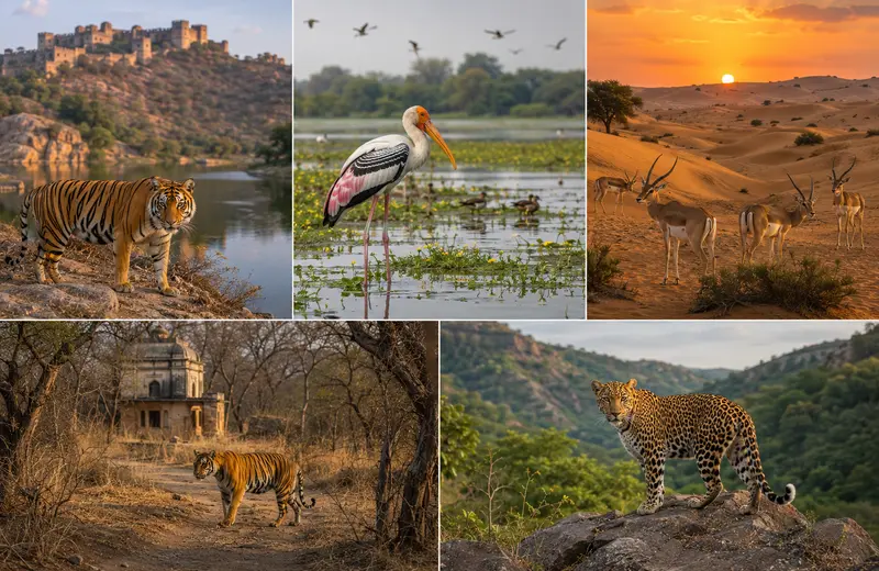 Rajasthan national parks collage with tiger, birds, desert wildlife, and leopard.