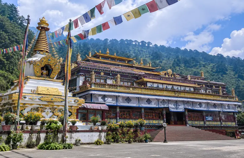 Golden stupa and prayer flags at Rumtek Monastery near Gangtok, Sikkim