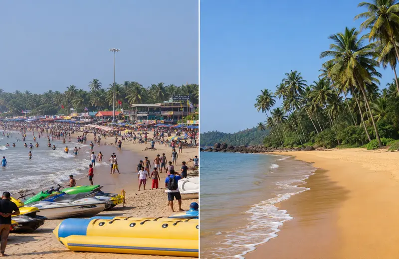 North Goa vs South Goa comparison showing a lively crowded North Goa beach next to a calm empty Sout
