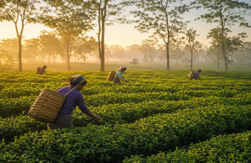 Tea garden workers plucking leaves in a lush tea estate near Jorhat, Assam