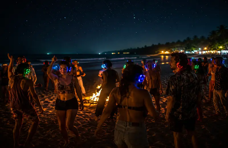 Travelers wearing glowing wireless headphones dance around a bonfire on a peaceful South Goa beach under a starry night sky.