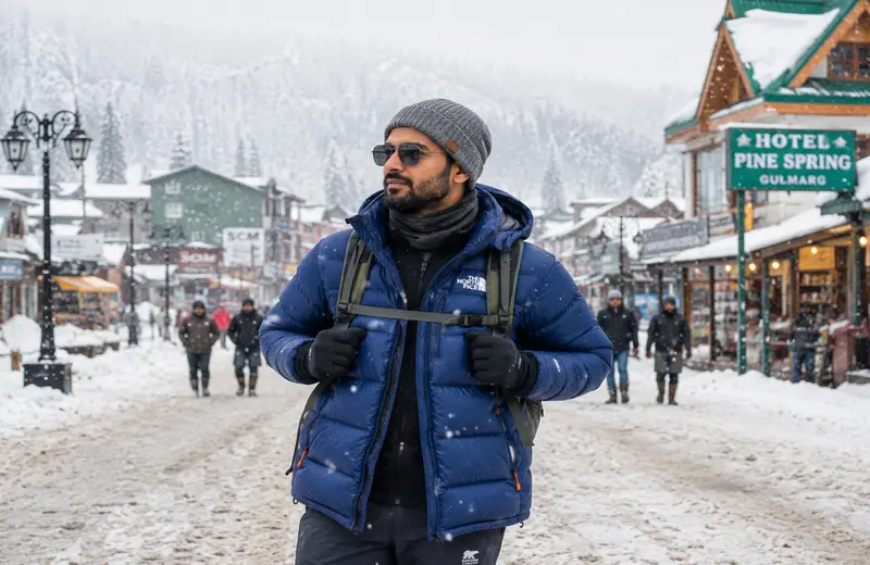 What to wear in Gulmarg in winter, a traveller layered up in the snow
