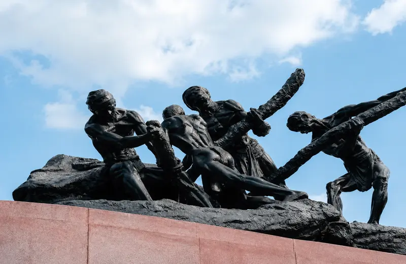 Triumph of Labour statue on Marina Beach promenade, Chennai.