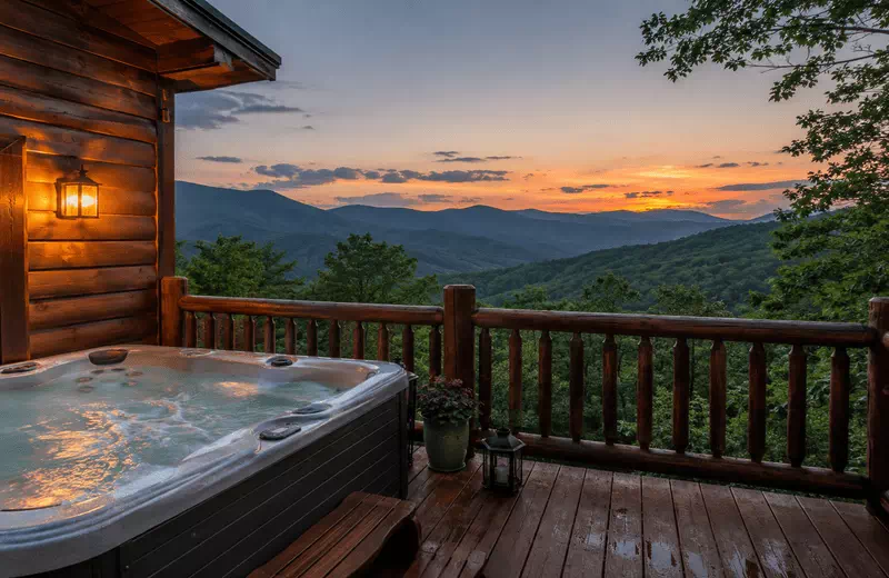 Cabin deck with a hot tub overlooking the Blue Ridge mountains, a romantic getaway within 300 miles 