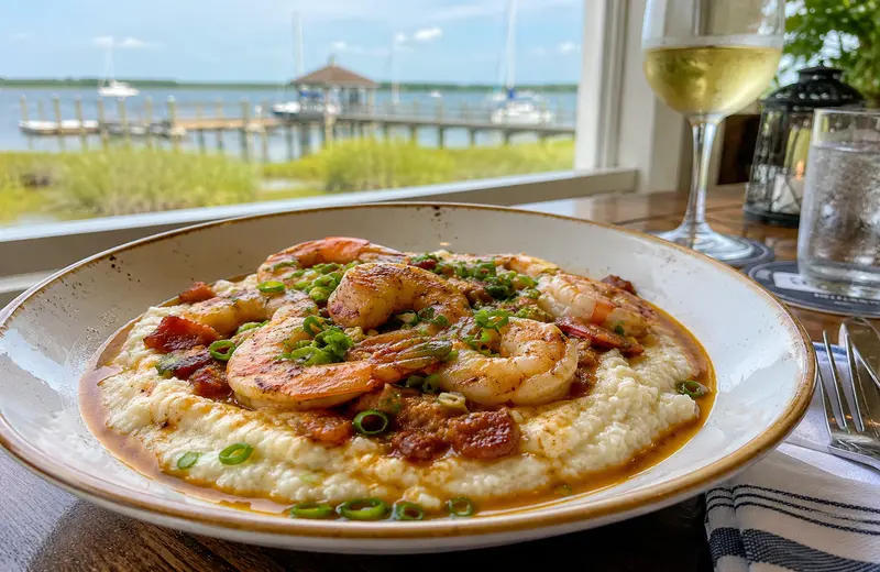 A bowl of Lowcountry shrimp and grits served at a waterfront restaurant in Beaufort, South Carolina.