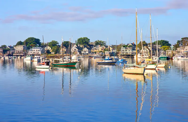 Fishing boats moored in Gloucester Harbor, Massachusetts, the working waterfront of America's oldest seaport.