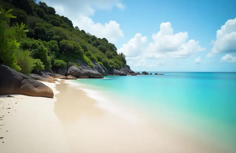 Pristine white sands of Kua Bay in Kona, Hawaii, with clear blue waters.