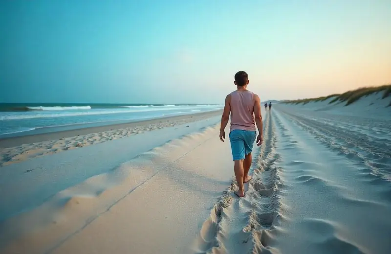 Visitors walking on Singing Beach with quartz sand creating musical sounds
