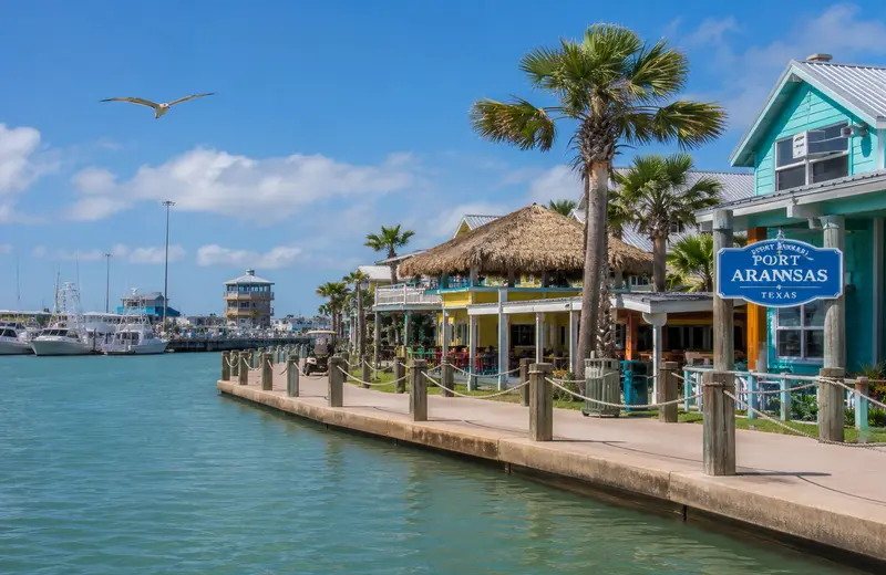Waterfront marina and beach town in Port Aransas, Texas.