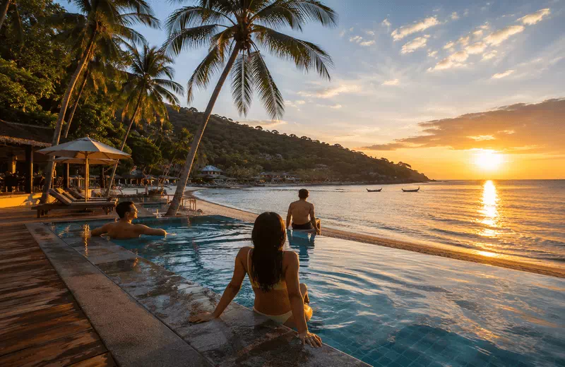 Beachfront resort pool overlooking Thong Nai Pan Noi bay, a place to stay on Koh Phangan