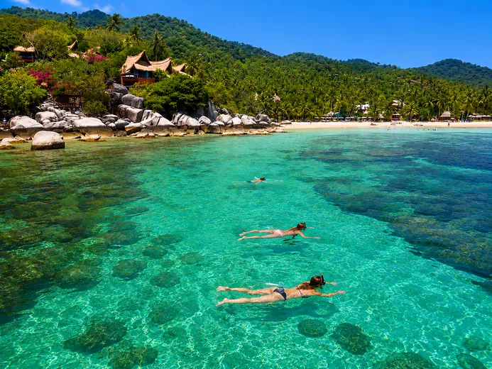 Tropical beach paradise with snorkelers