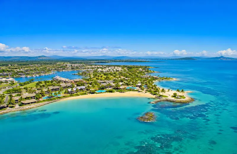 Luxury resorts and turquoise waters on Denarau Island, Fiji.