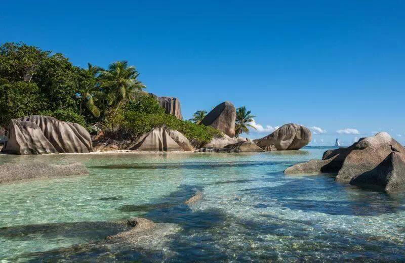 Granite boulders at Anse Source d'Argent in the Seychelles, among the world's most beautiful white sand beaches.